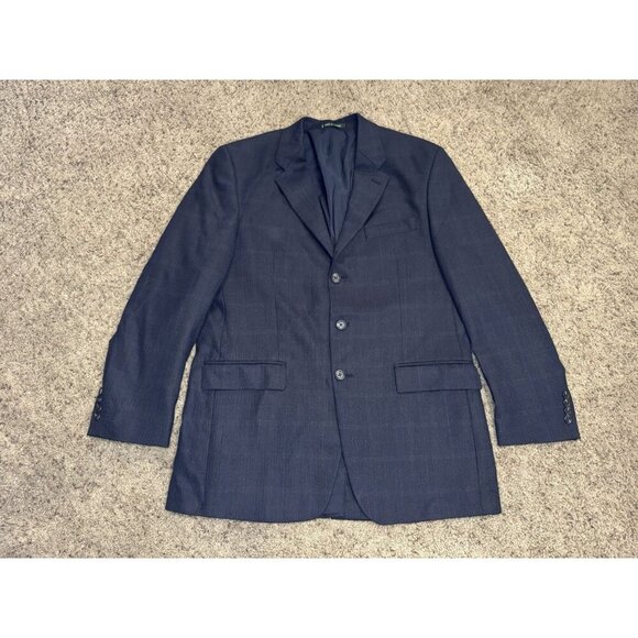 RALPH LAUREN Blazer Jacket Dark Blue Windowpane Plaid 100% Wool Sport Coat 42L - Picture 1 of 14